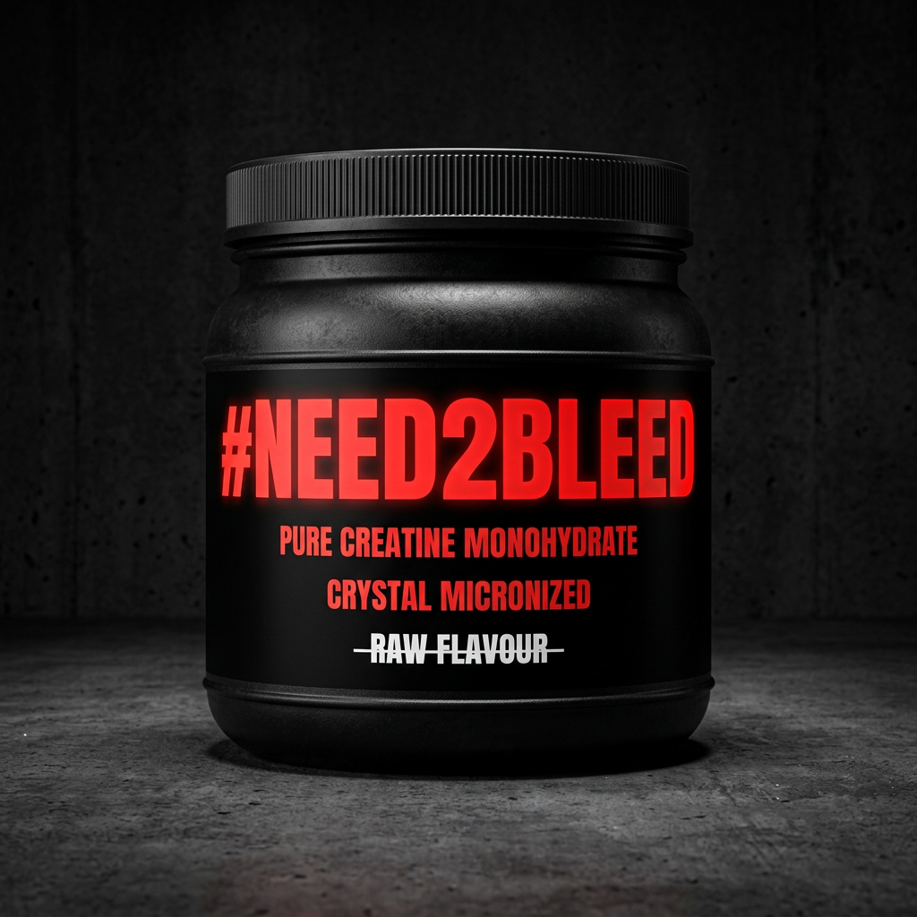 Prototype visual: a matte black #NEED2BLEED tub of pure creatine monohydrate with a neon red label, shown from the front.